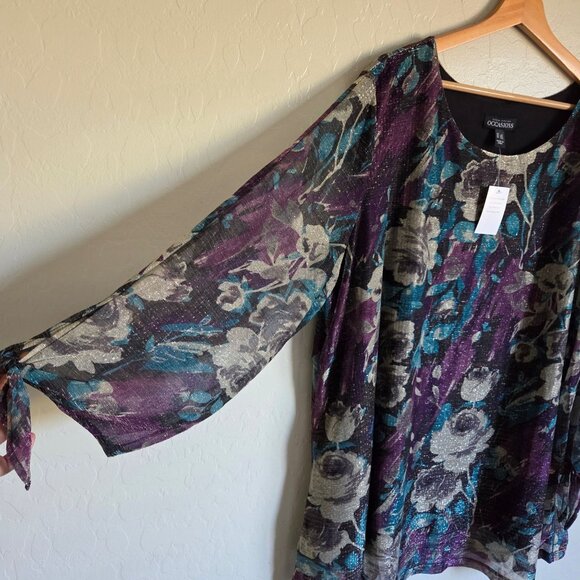 Susan Graver Occasions Foil Printed Knit Tie-Sleeve Blouse Top Plum/Teal 3X NWOT - Picture 5 of 11